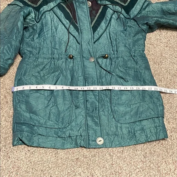 Vintage 80s/90s Teal Hooded velvet accent Coat with faux Fur Trim - Picture 7 of 12